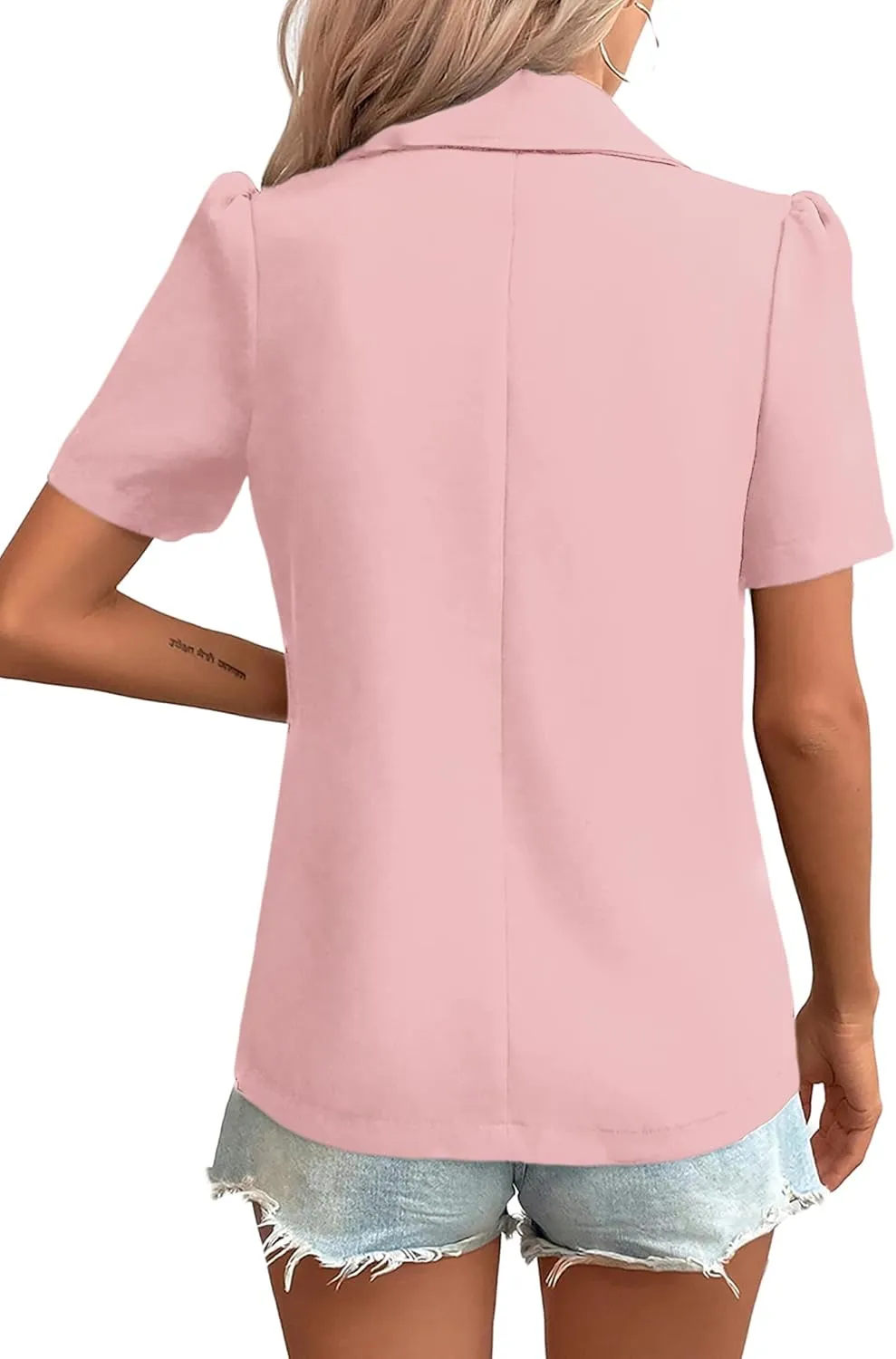 2024 Summer Womens Short Puff Sleeve Fully Lined Blazer Double Breasted Lightweight Casual Office Jackets