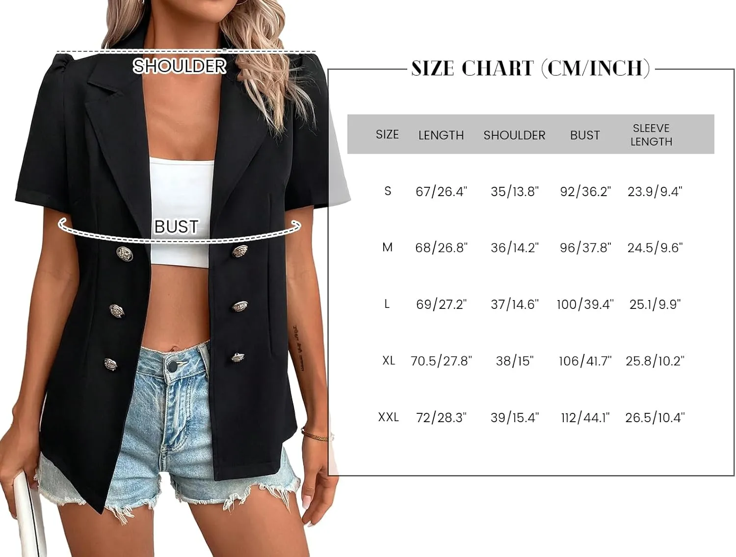 2024 Summer Womens Short Puff Sleeve Fully Lined Blazer Double Breasted Lightweight Casual Office Jackets