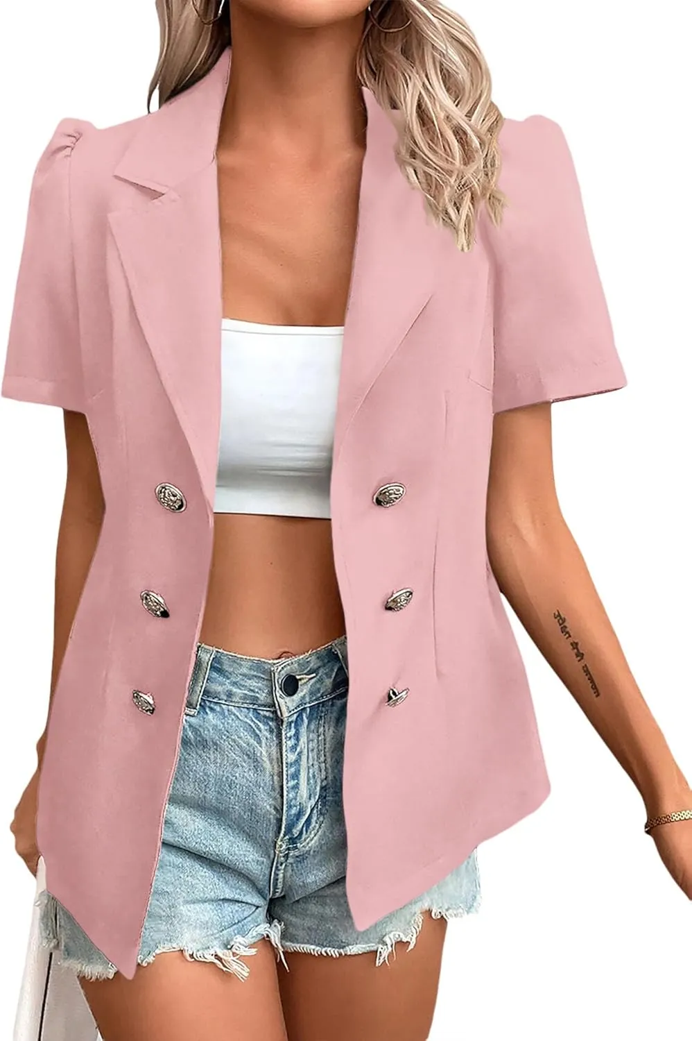 2024 Summer Womens Short Puff Sleeve Fully Lined Blazer Double Breasted Lightweight Casual Office Jackets