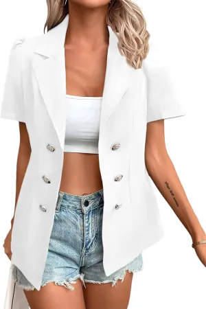 2024 Summer Womens Short Puff Sleeve Fully Lined Blazer Double Breasted Lightweight Casual Office Jackets