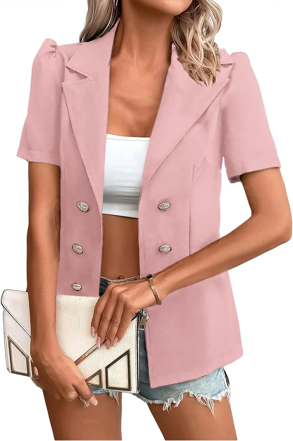 2024 Summer Womens Short Puff Sleeve Fully Lined Blazer Double Breasted Lightweight Casual Office Jackets
