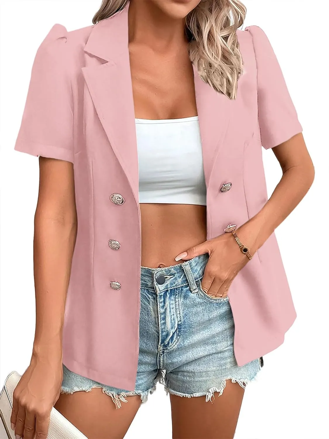 2024 Summer Womens Short Puff Sleeve Fully Lined Blazer Double Breasted Lightweight Casual Office Jackets