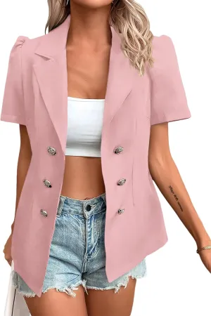 2024 Summer Womens Short Puff Sleeve Fully Lined Blazer Double Breasted Lightweight Casual Office Jackets