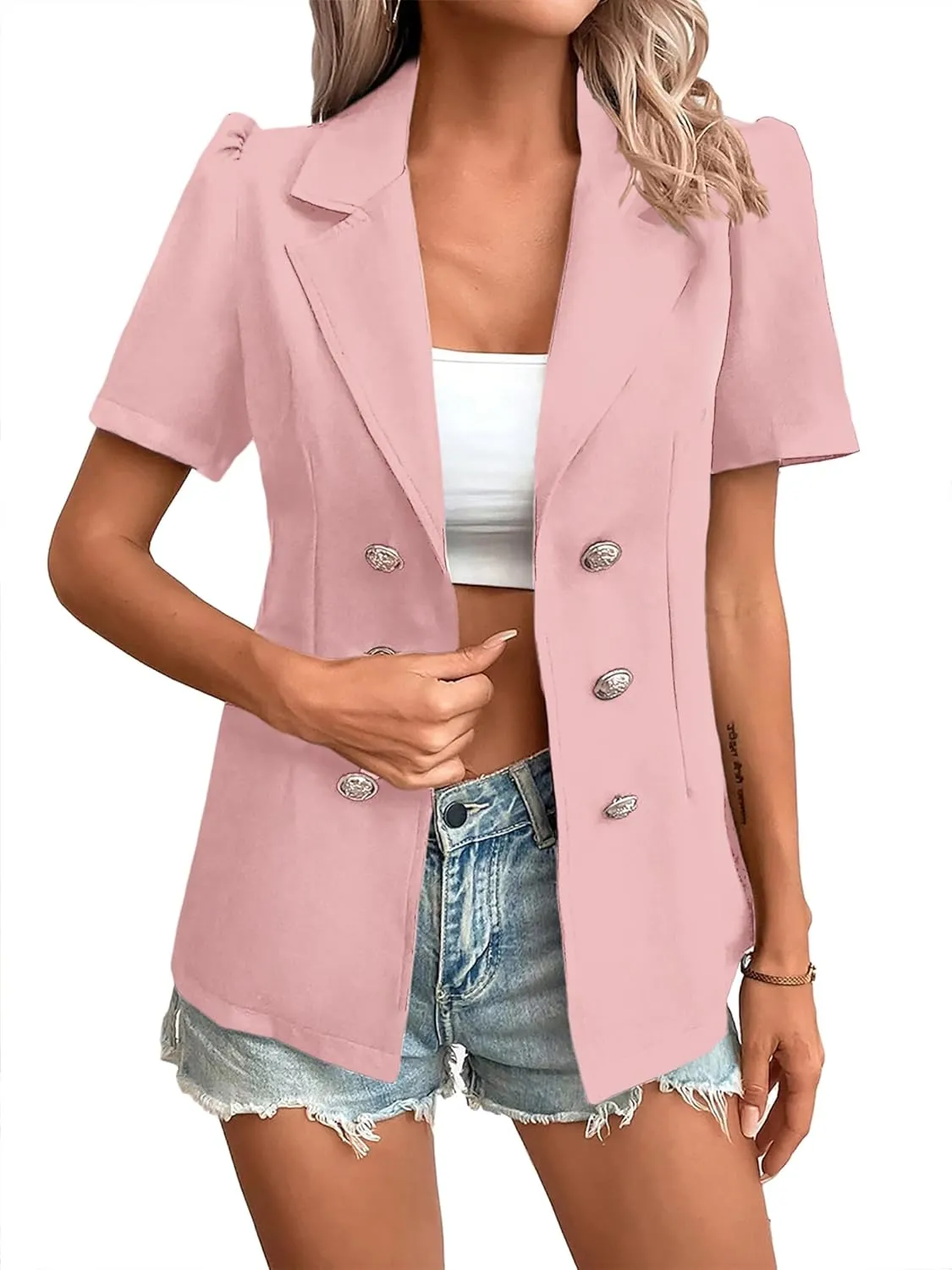 2024 Summer Womens Short Puff Sleeve Fully Lined Blazer Double Breasted Lightweight Casual Office Jackets