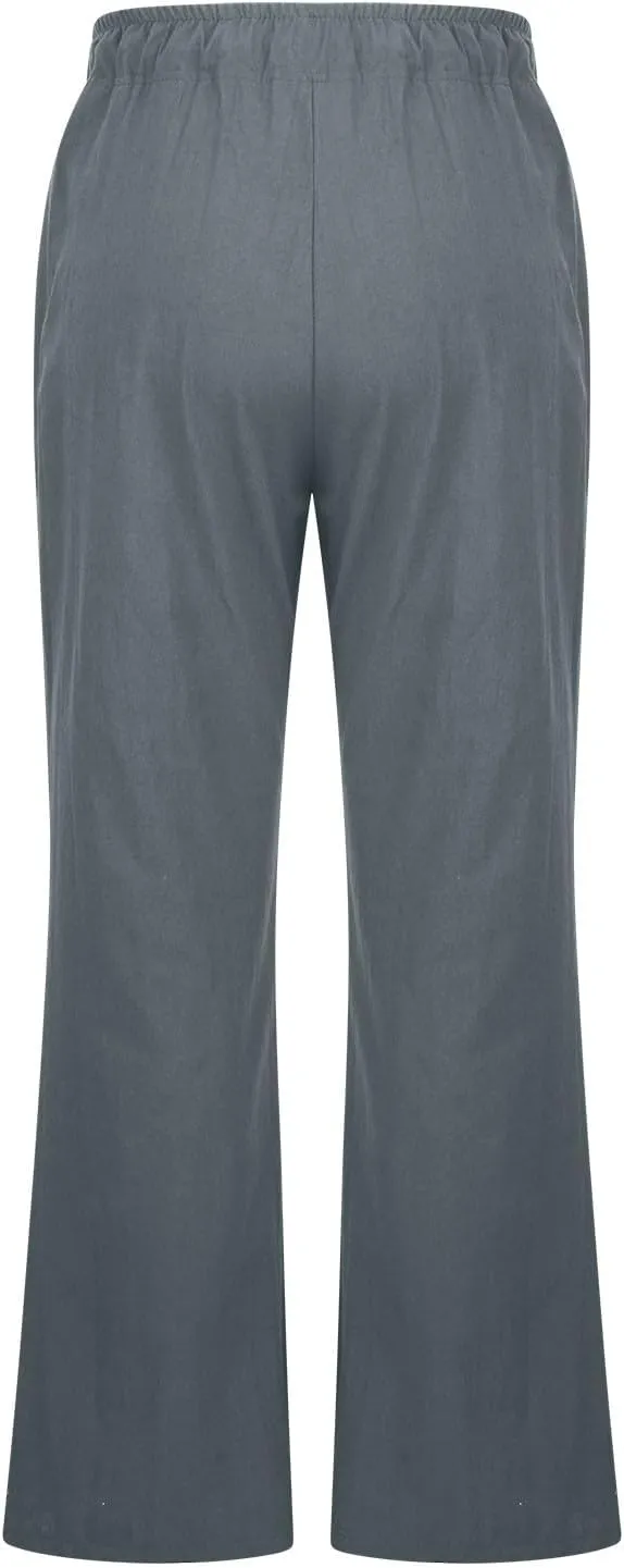 2025 Summer Linen Pants for Women Lounge Drawstring High Waist Flowy Trousers Loose Lightweight Beach Wide Leg Bottom