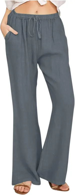2025 Summer Linen Pants for Women Lounge Drawstring High Waist Flowy Trousers Loose Lightweight Beach Wide Leg Bottom
