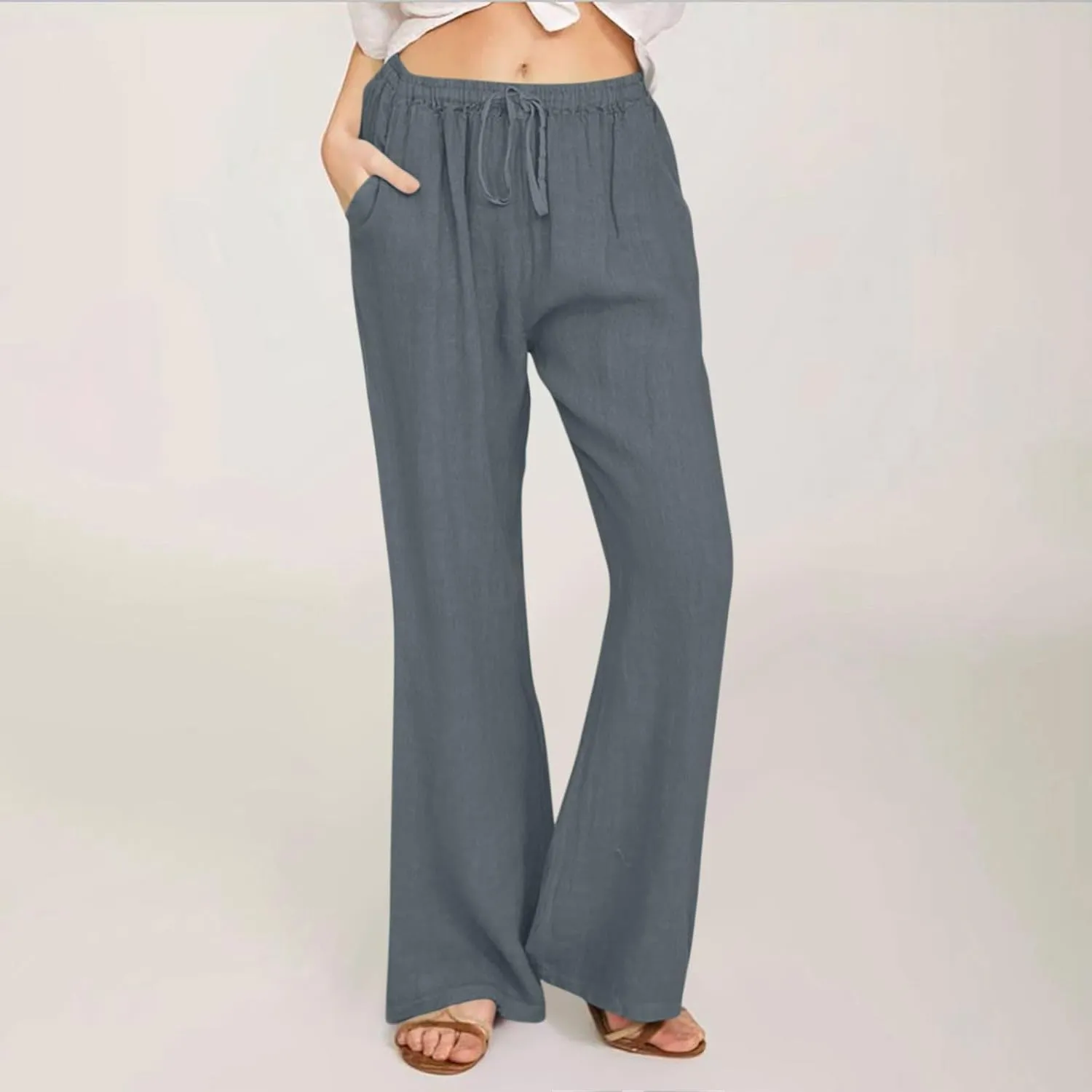 2025 Summer Linen Pants for Women Lounge Drawstring High Waist Flowy Trousers Loose Lightweight Beach Wide Leg Bottom