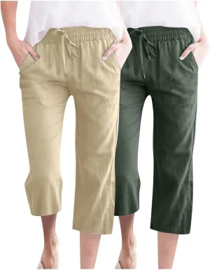 2PC Linen Trousers for Womens - Summer Solid Color Drawstring Waist Wide Leg Cropped Pants with Pockets, Loose Fit