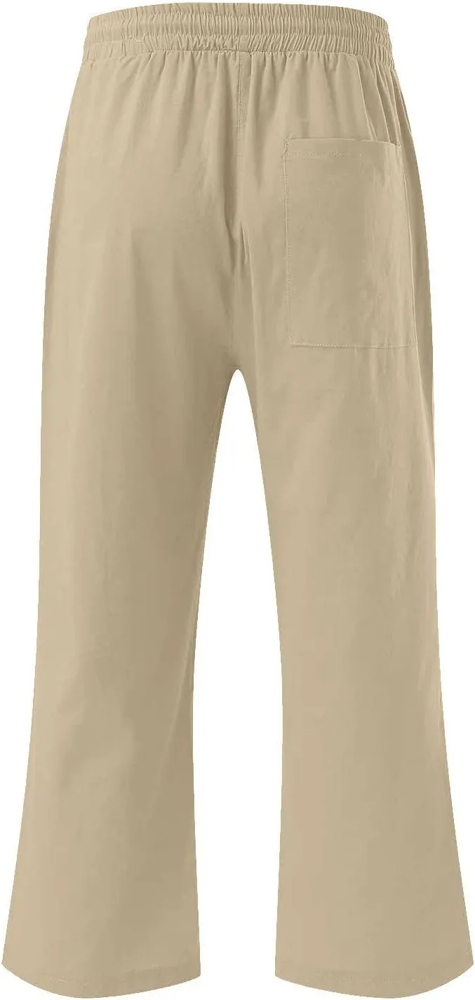 2PC Linen Trousers for Womens - Summer Solid Color Drawstring Waist Wide Leg Cropped Pants with Pockets, Loose Fit