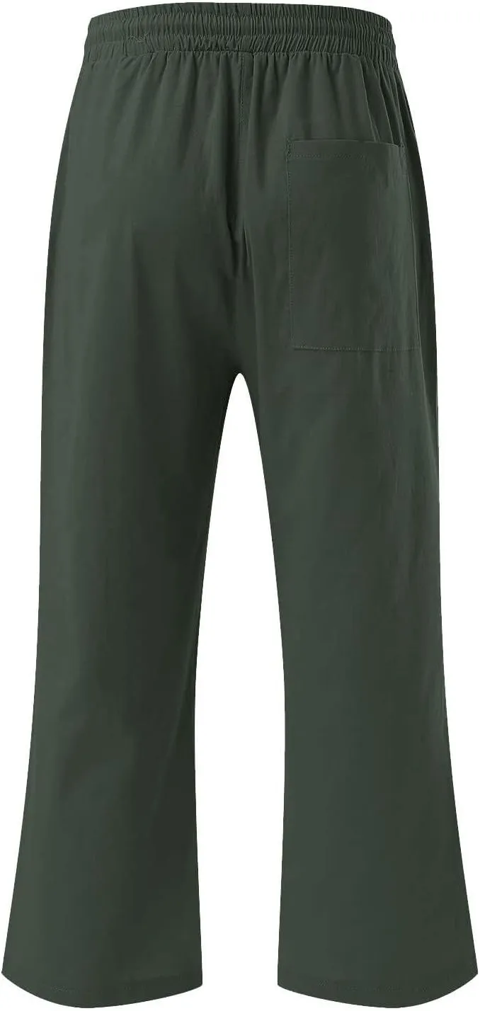 2PC Linen Trousers for Womens - Summer Solid Color Drawstring Waist Wide Leg Cropped Pants with Pockets, Loose Fit
