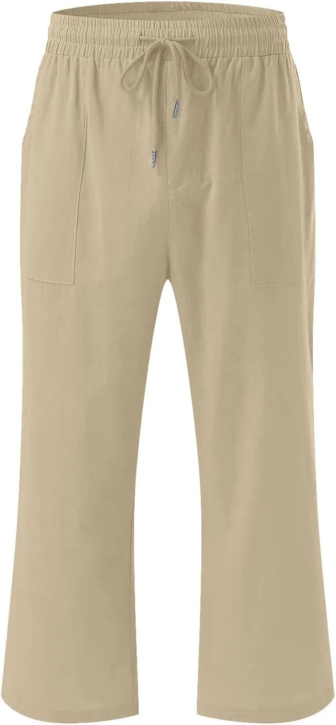 2PC Linen Trousers for Womens - Summer Solid Color Drawstring Waist Wide Leg Cropped Pants with Pockets, Loose Fit