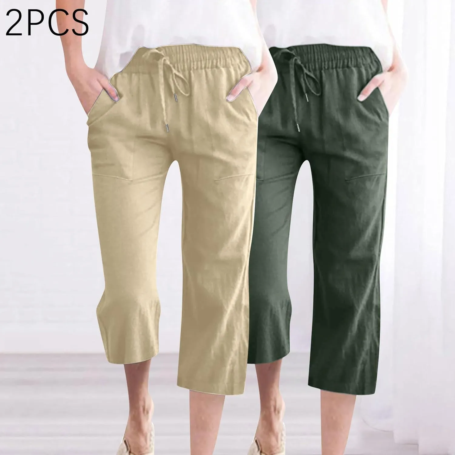 2PC Linen Trousers for Womens - Summer Solid Color Drawstring Waist Wide Leg Cropped Pants with Pockets, Loose Fit