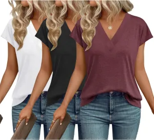 3 Pack Womens Tops V Neck Cap Sleeve T-Shirts Summer Beach Vacation Clothes 2025 Spring Casual Outfits Fashion Basic Tee