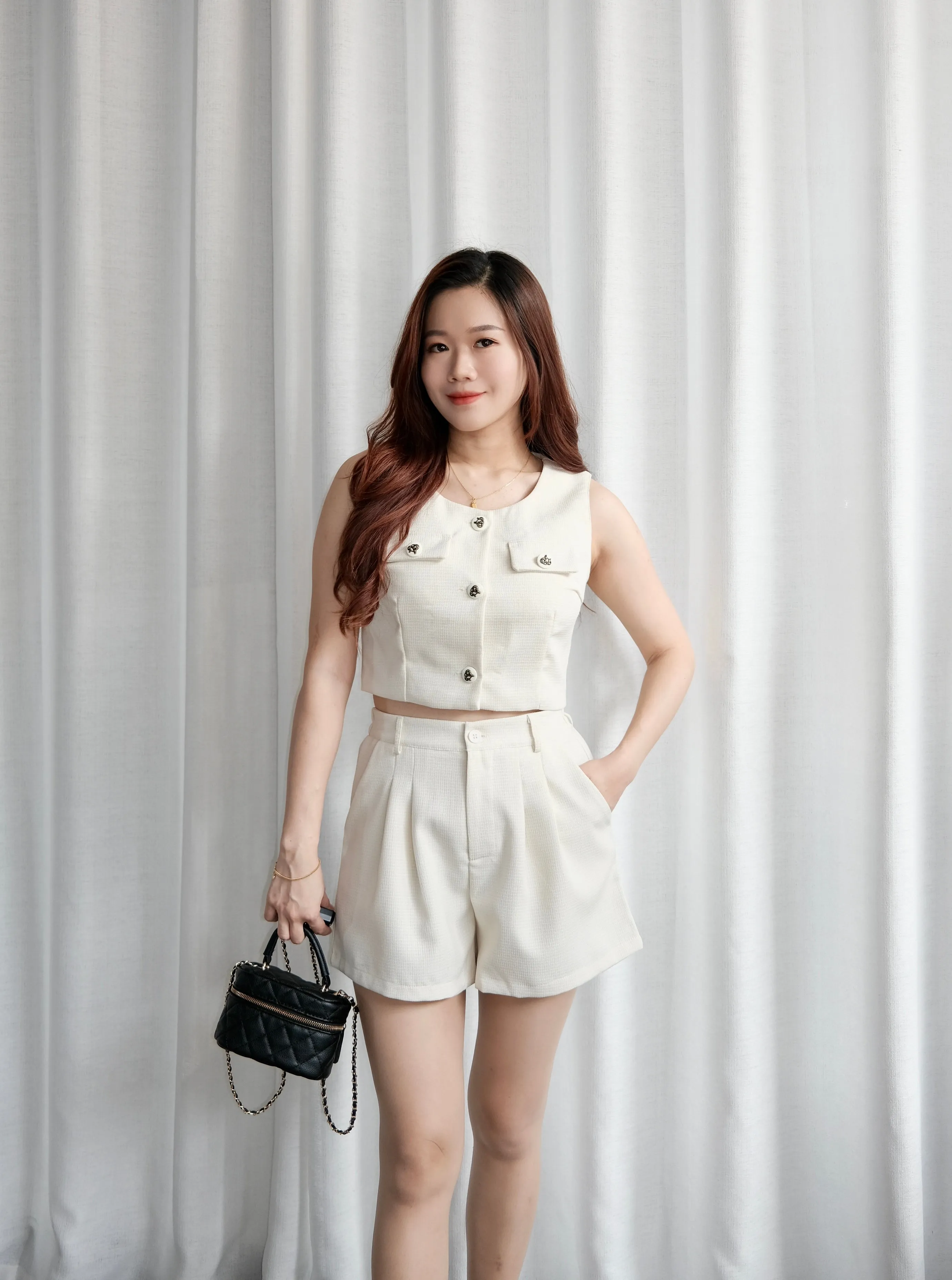 ACEWIN Flap Pockets Button Front Crop Top with Shorts Set (Size S-L) 800112