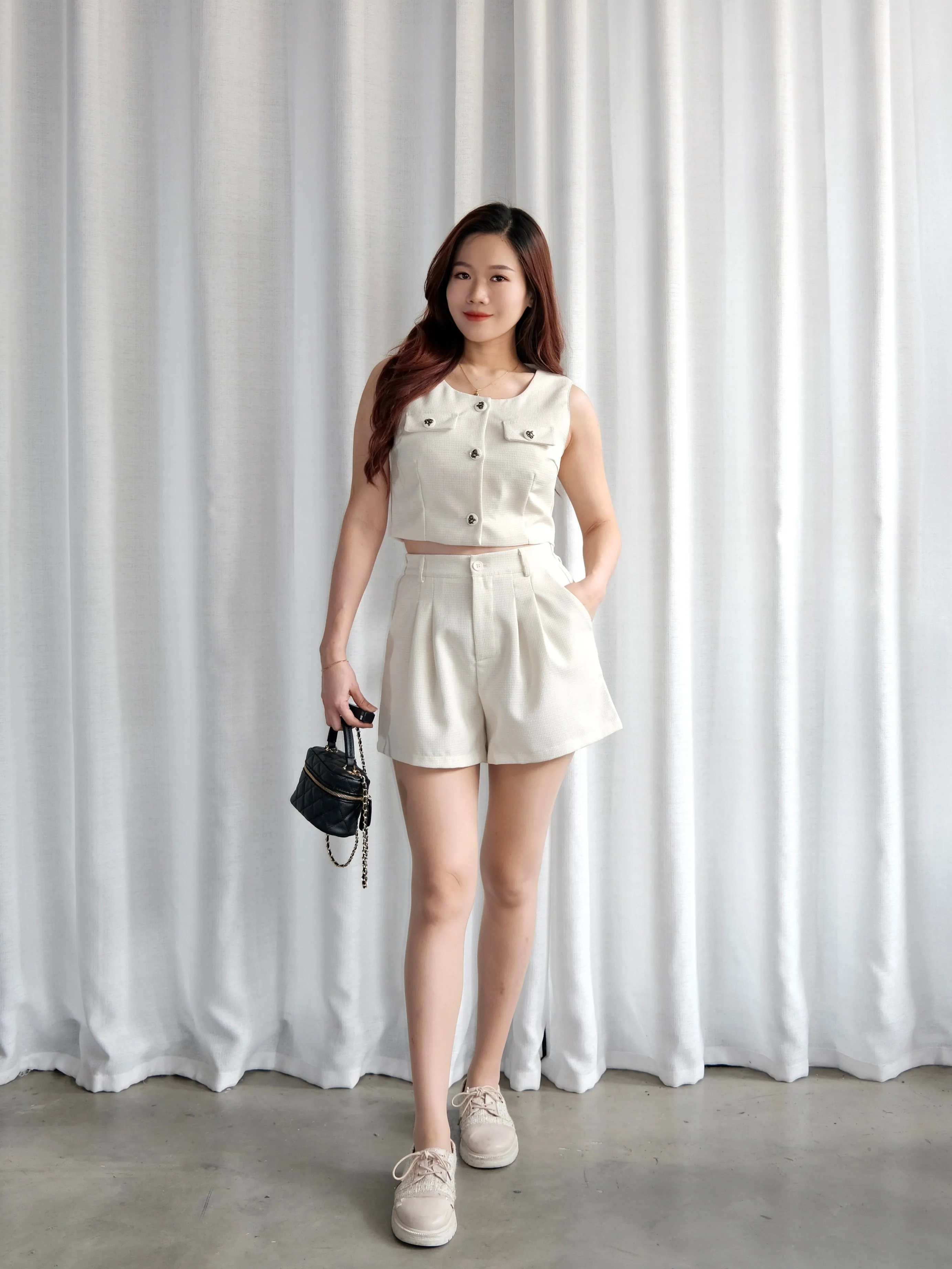 ACEWIN Flap Pockets Button Front Crop Top with Shorts Set (Size S-L) 800112