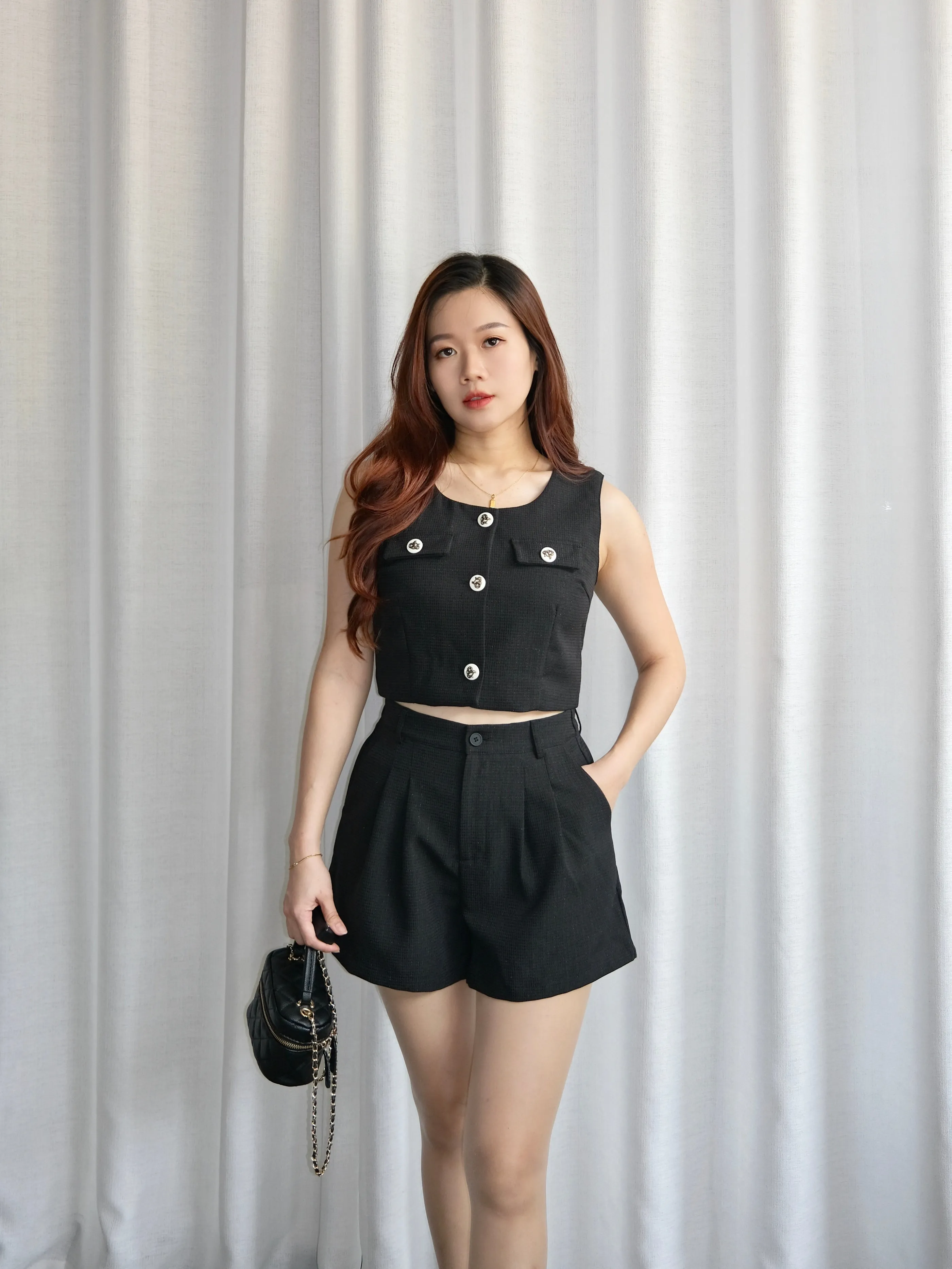 ACEWIN Flap Pockets Button Front Crop Top with Shorts Set (Size S-L) 800112