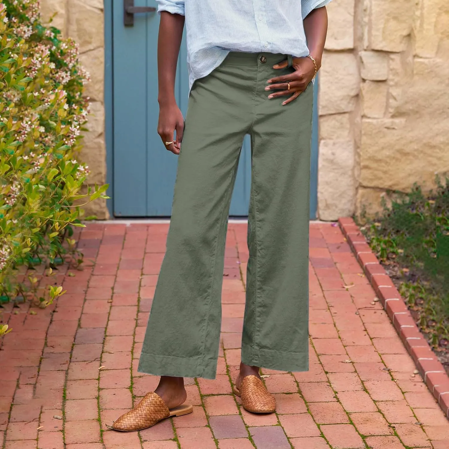 ADHOWBEW Plus Size Linen Pants for Women 2025 Flowy Casual Work Elastic Waist Dressy Plus Size Lounge Slacks