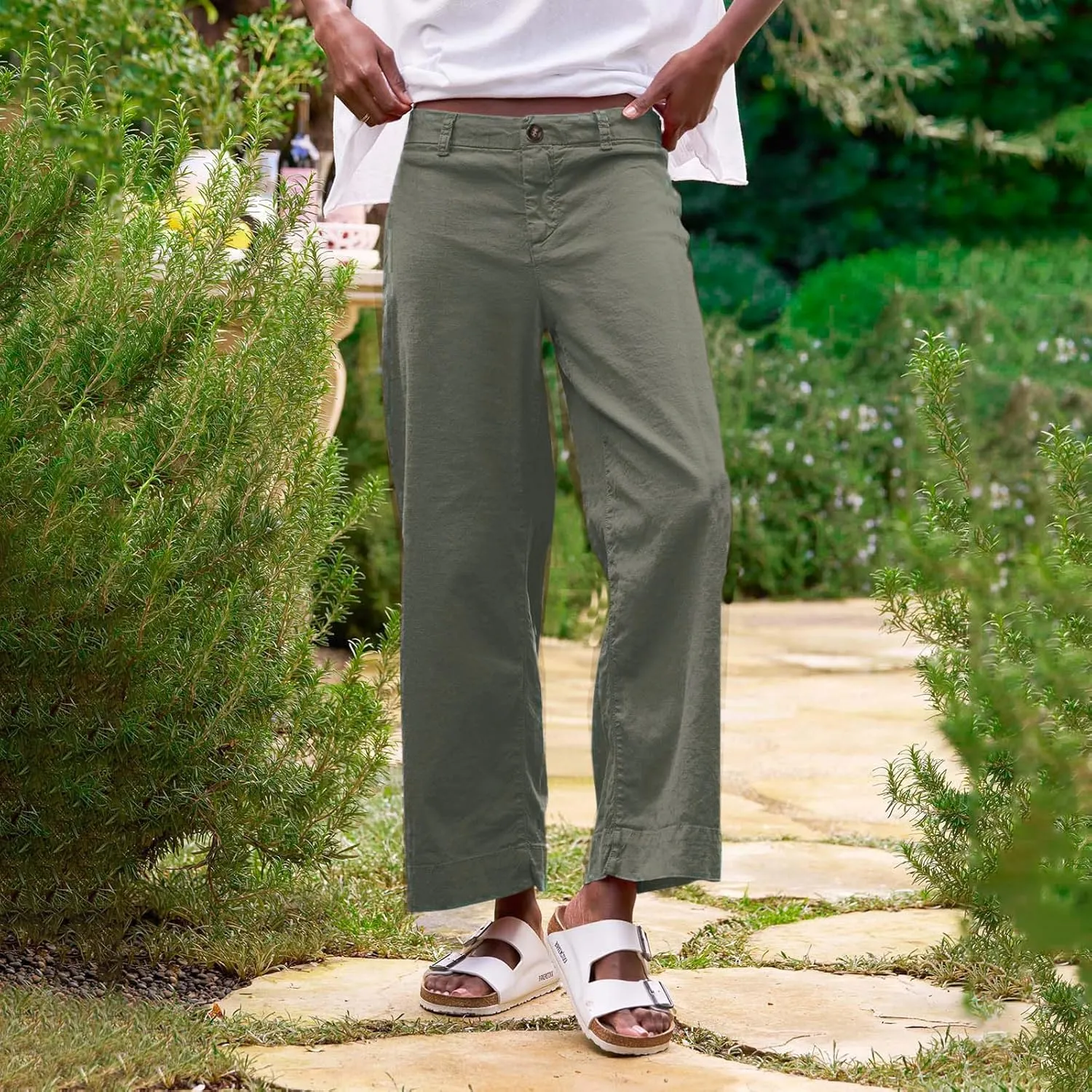 ADHOWBEW Plus Size Linen Pants for Women 2025 Flowy Casual Work Elastic Waist Dressy Plus Size Lounge Slacks