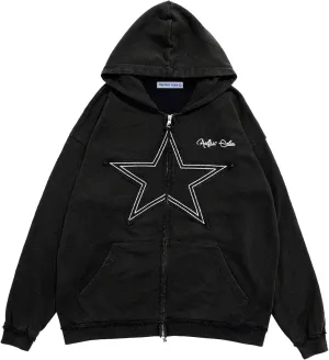 Aelfric Eden Star Zip Up Hoodie Vintage Washed Oversized Graphic Hoodies Streetwear Hooded Sweatshirts Jackets Unisex Black