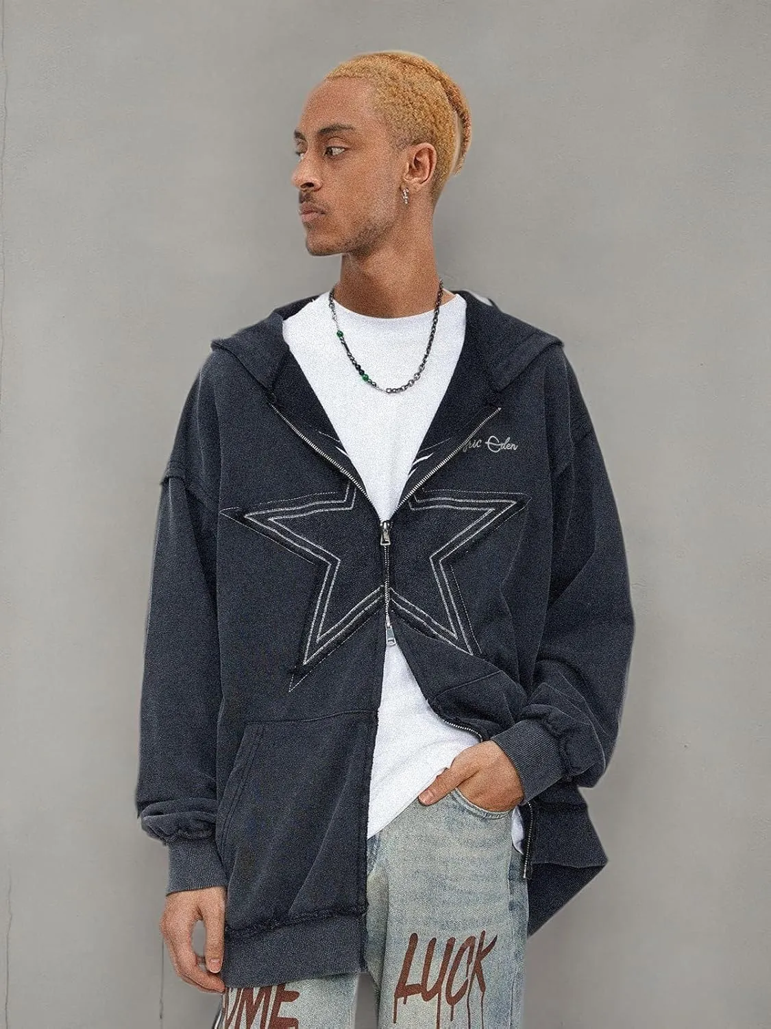 Aelfric Eden Star Zip Up Hoodie Vintage Washed Oversized Graphic Hoodies Streetwear Hooded Sweatshirts Jackets Unisex Black