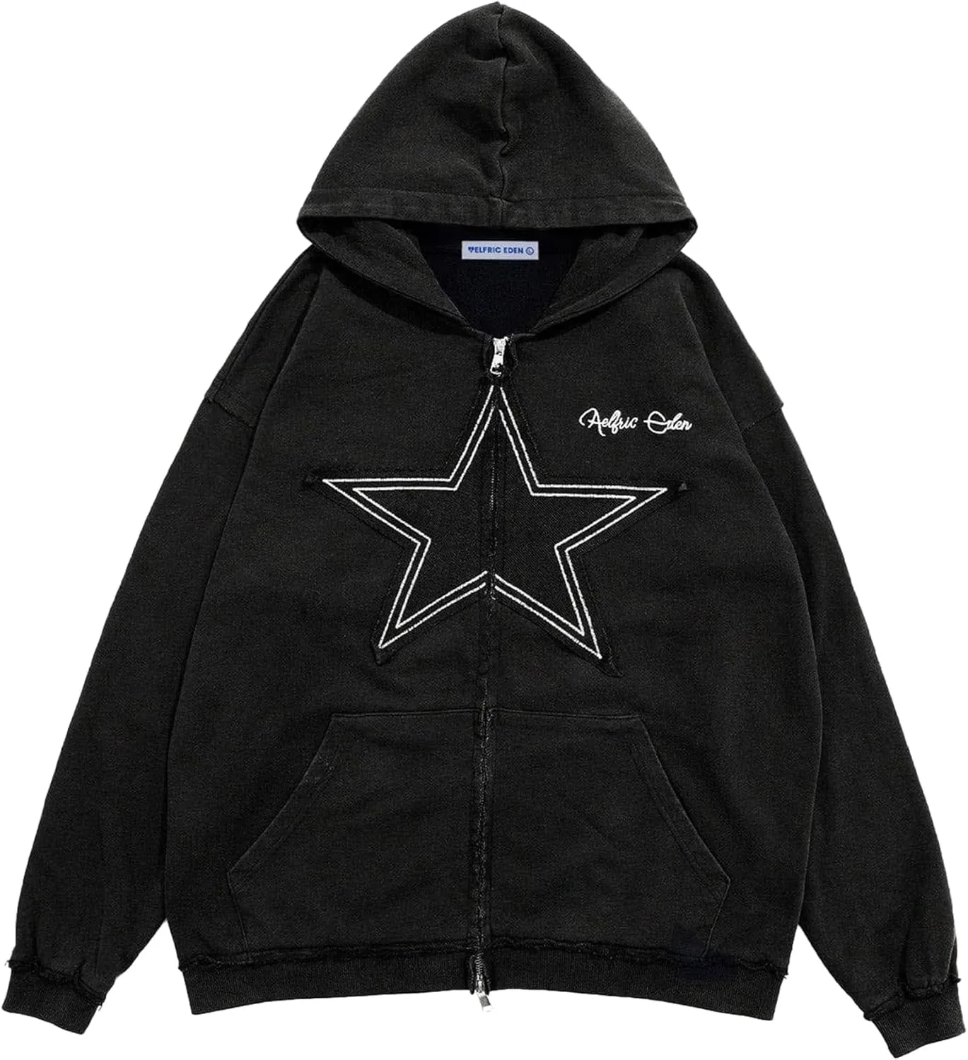 Aelfric Eden Star Zip Up Hoodie Vintage Washed Oversized Graphic Hoodies Streetwear Hooded Sweatshirts Jackets Unisex Black