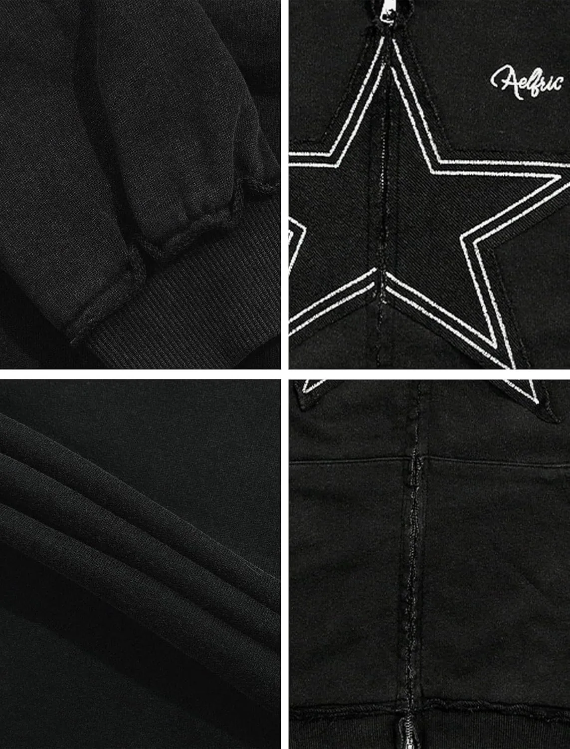 Aelfric Eden Star Zip Up Hoodie Vintage Washed Oversized Graphic Hoodies Streetwear Hooded Sweatshirts Jackets Unisex Black