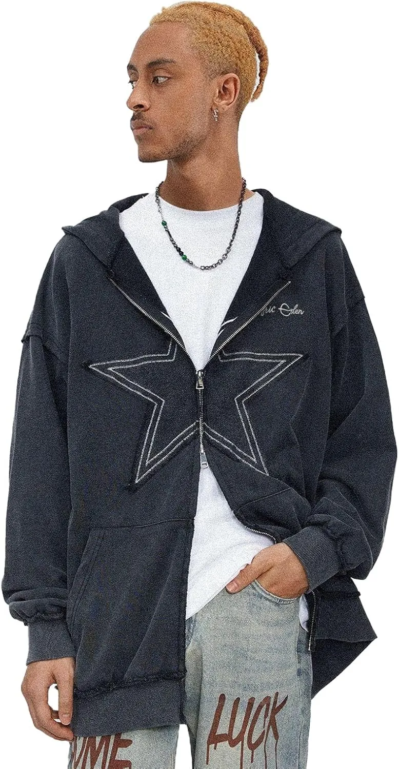 Aelfric Eden Star Zip Up Hoodie Vintage Washed Oversized Graphic Hoodies Streetwear Hooded Sweatshirts Jackets Unisex Black