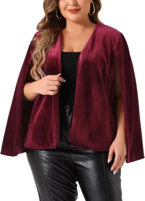 Agnes Orinda Plus Size Cape Blazer for Women Elegant Casual Split Long Sleeve Open Front Velvet Jackets Blazers