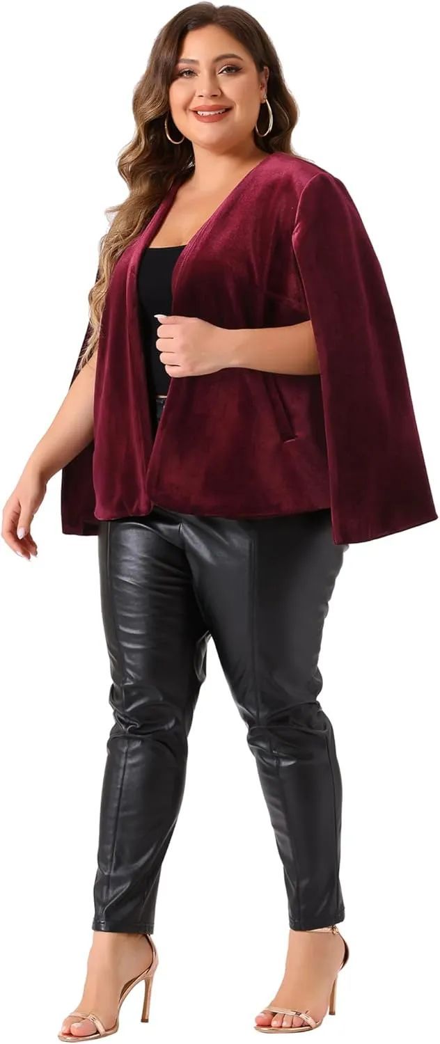 Agnes Orinda Plus Size Cape Blazer for Women Elegant Casual Split Long Sleeve Open Front Velvet Jackets Blazers