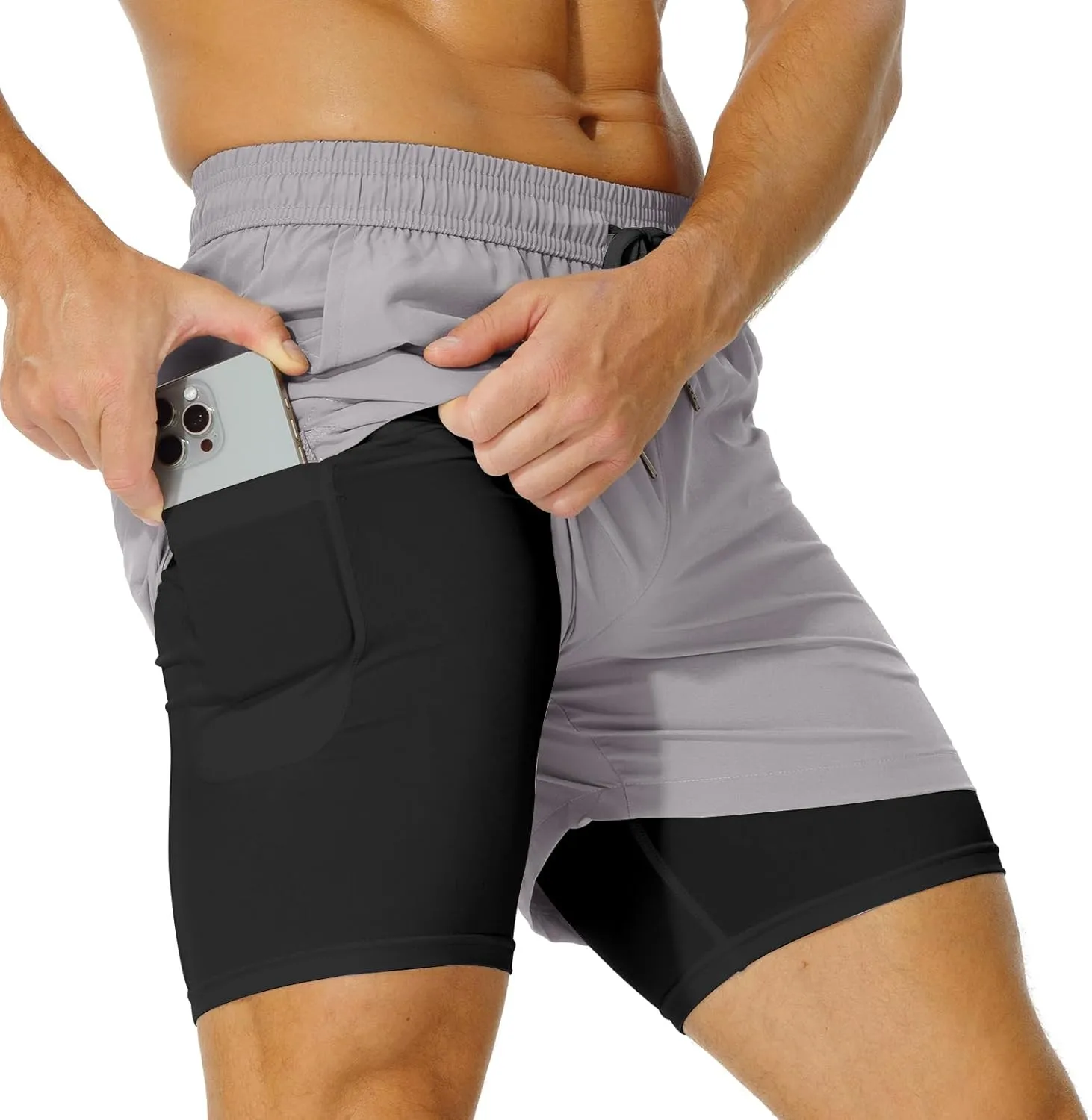 AIMPACT Mens 2 in 1 Shorts 7" Compression Gym Athletic Workout Shorts for with Phone Pockets