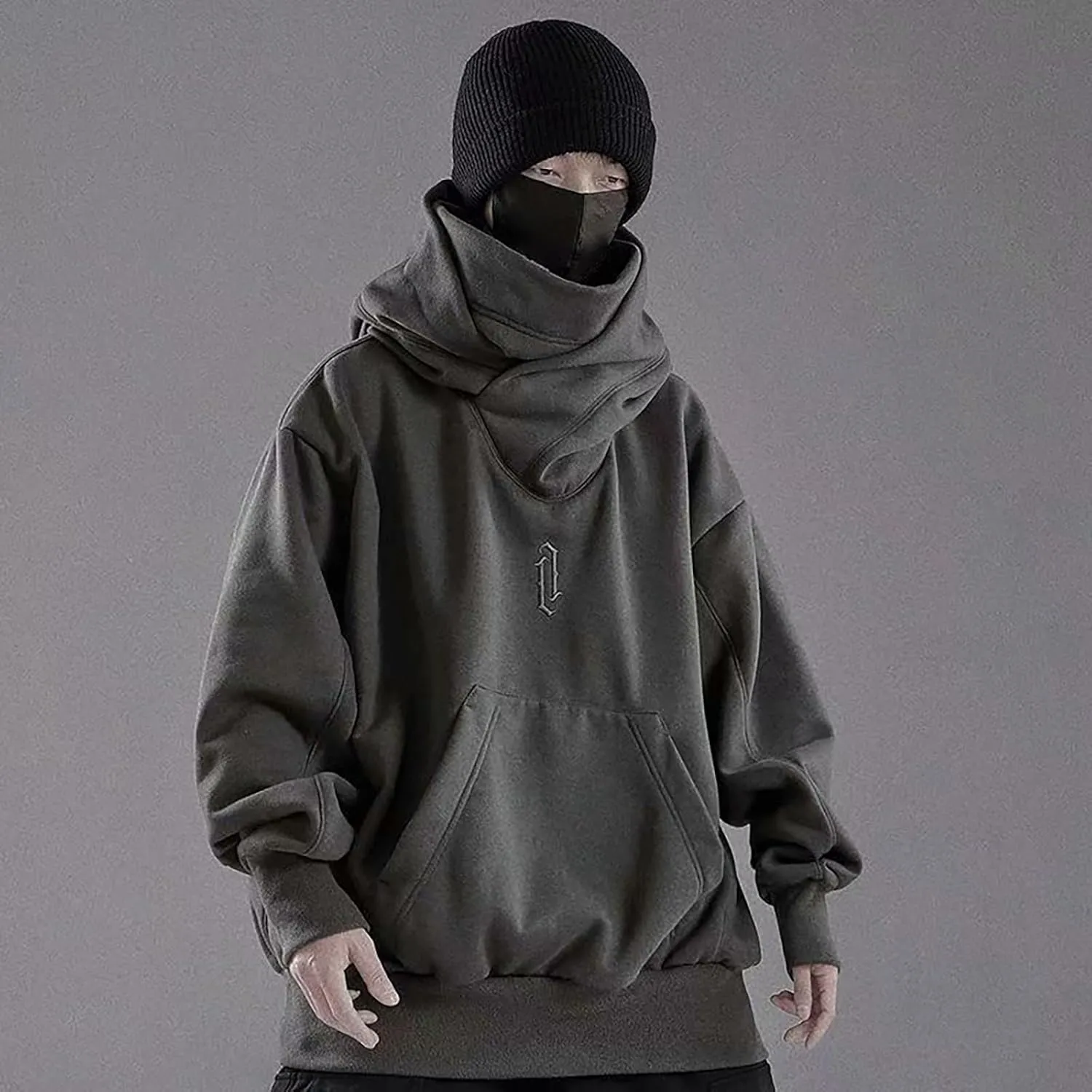 Alalaso Ninja Hoodie Men Double Neckline Cotton Pullover Windproof Warm Japanese Assassin-Style Sweatshirt for Men and Women