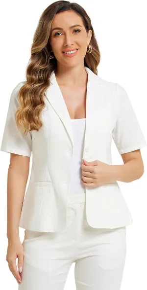 Allegra K Blazer for Women's Short Sleeve Button Front Cotton Linen Lapel Collar Work Office Casual Blazer Coat