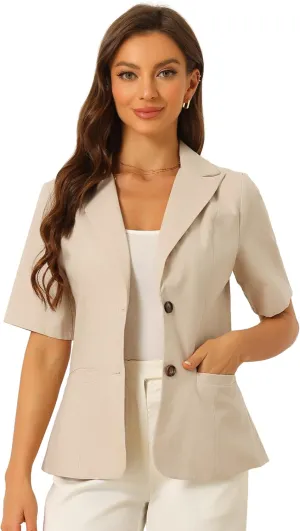 Allegra K Blazer for Women's Short Sleeve Button Front Cotton Linen Lapel Collar Work Office Casual Blazer Coat