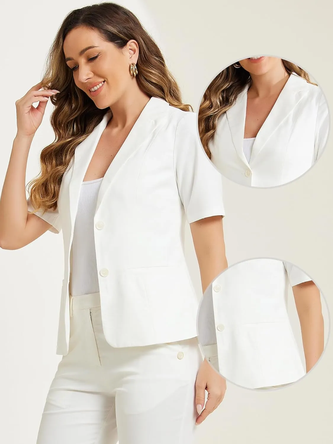 Allegra K Blazer for Women's Short Sleeve Button Front Cotton Linen Lapel Collar Work Office Casual Blazer Coat