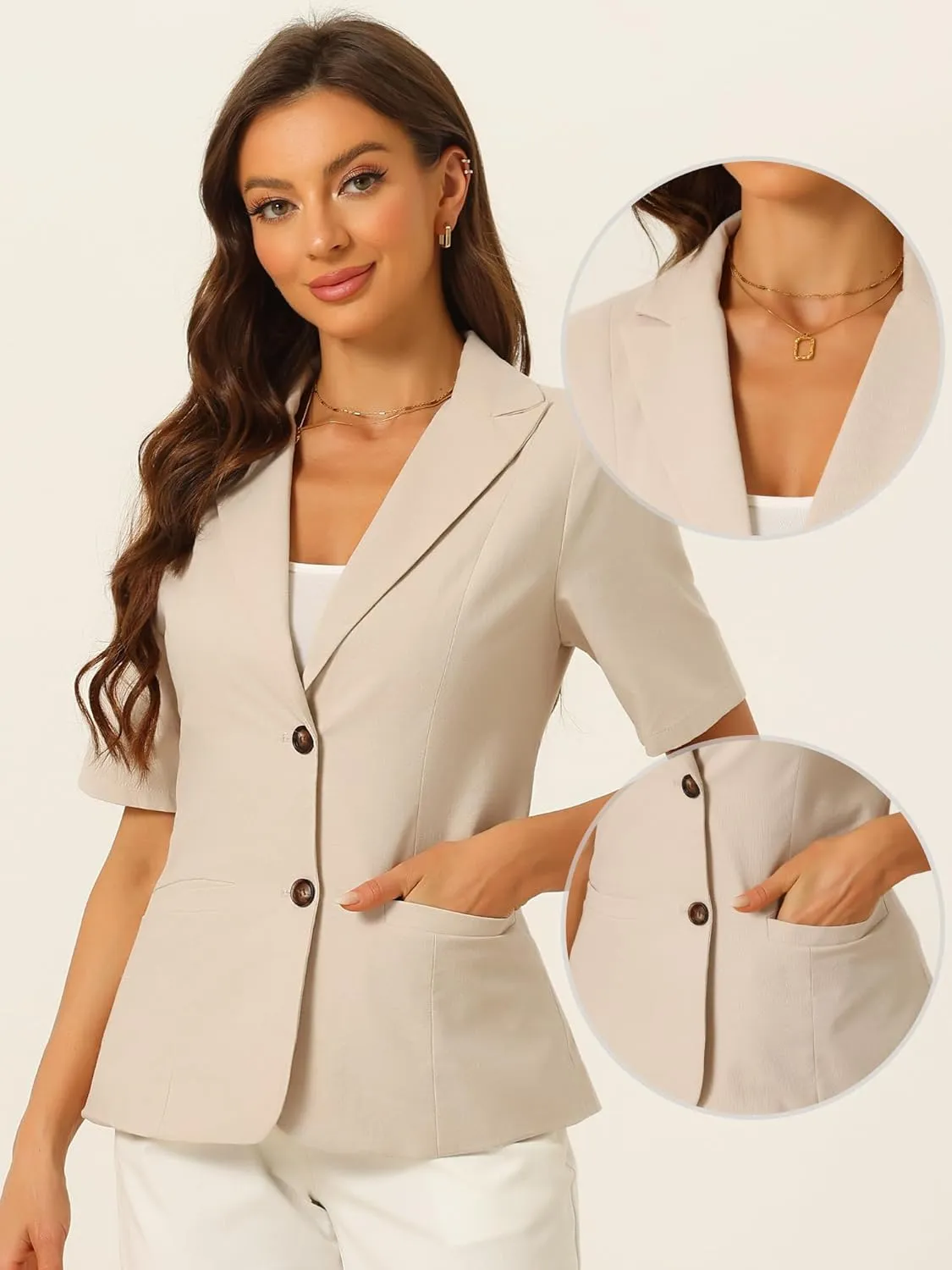 Allegra K Blazer for Women's Short Sleeve Button Front Cotton Linen Lapel Collar Work Office Casual Blazer Coat