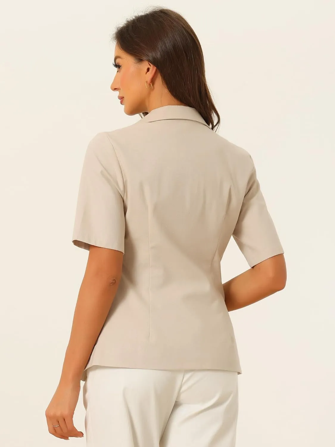 Allegra K Blazer for Women's Short Sleeve Button Front Cotton Linen Lapel Collar Work Office Casual Blazer Coat