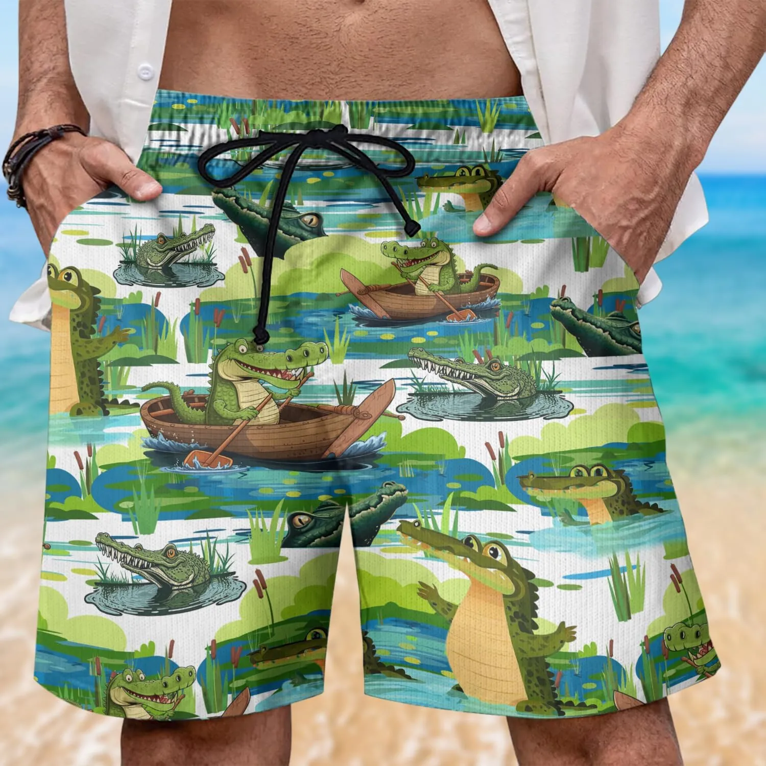 Alligator Mens Swim Trunks - Reptile Hawaiian Mens Shorts Casual - Summer Drawstring Beachwear Shorts PA59