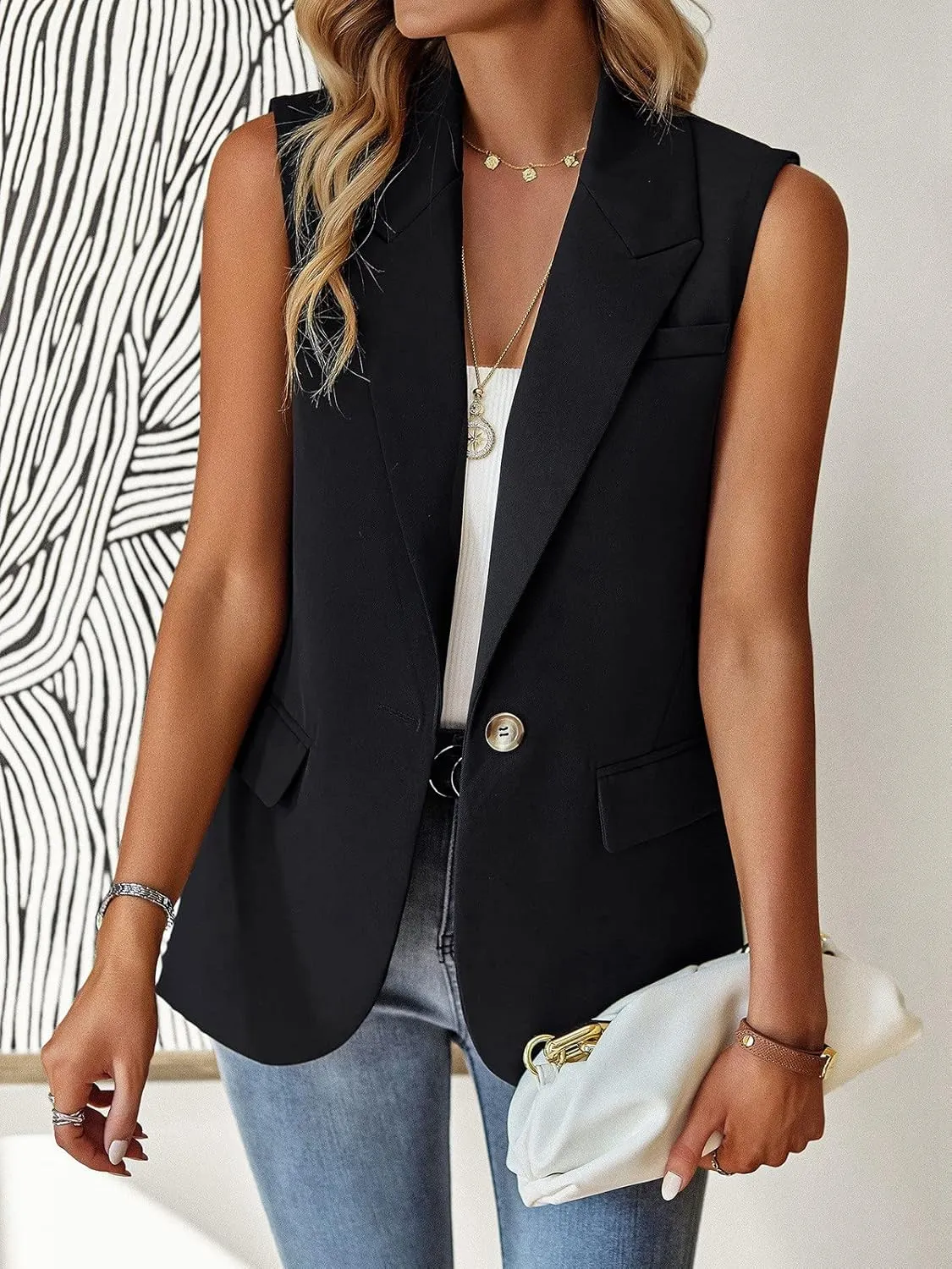 ALSOGO Women Sleeveless Blazer Vest Casual Open Front V Neck Fully-Lined Work Office Summer Jacket with Pockets Fashion 2025