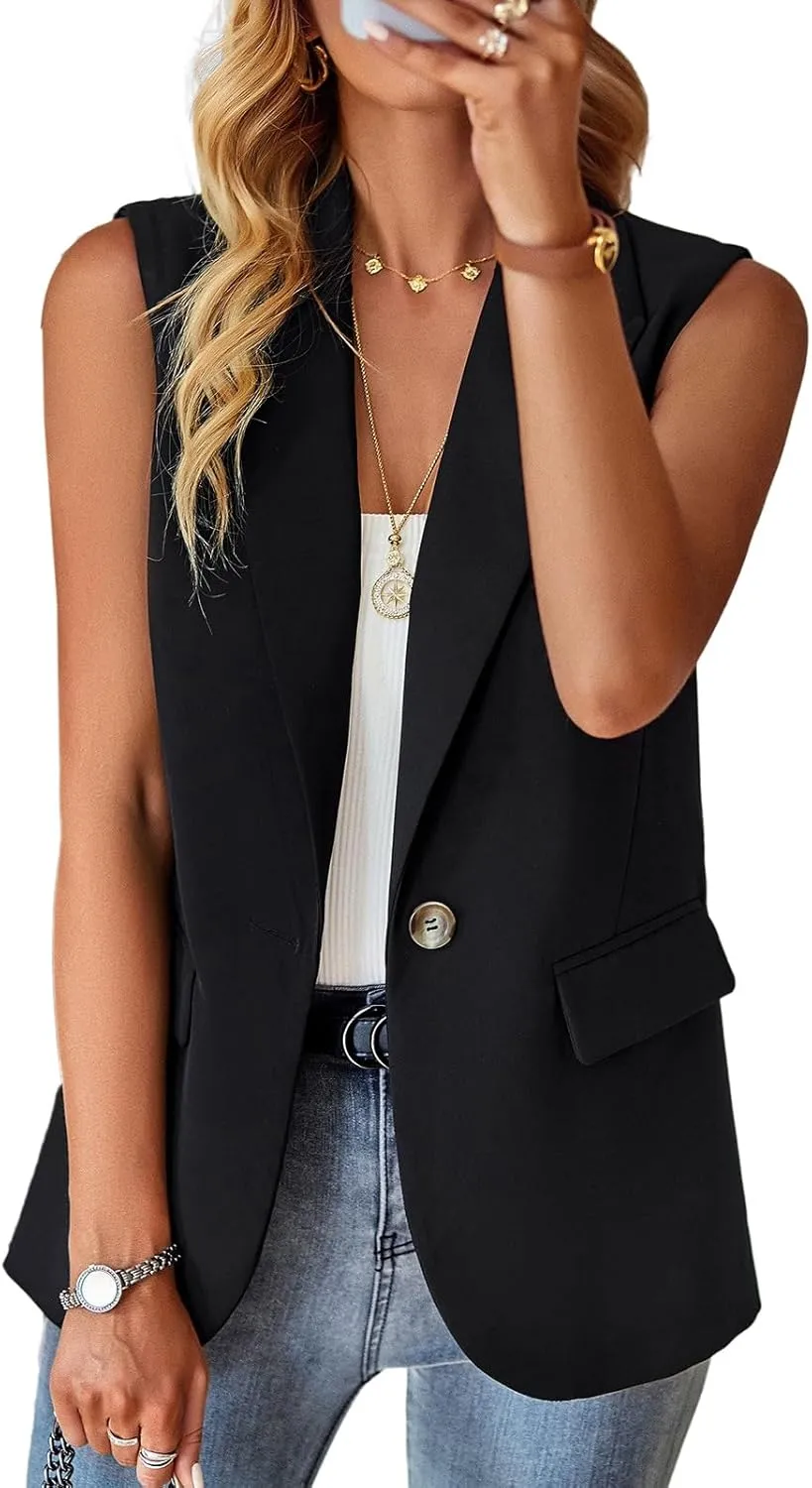 ALSOGO Women Sleeveless Blazer Vest Casual Open Front V Neck Fully-Lined Work Office Summer Jacket with Pockets Fashion 2025