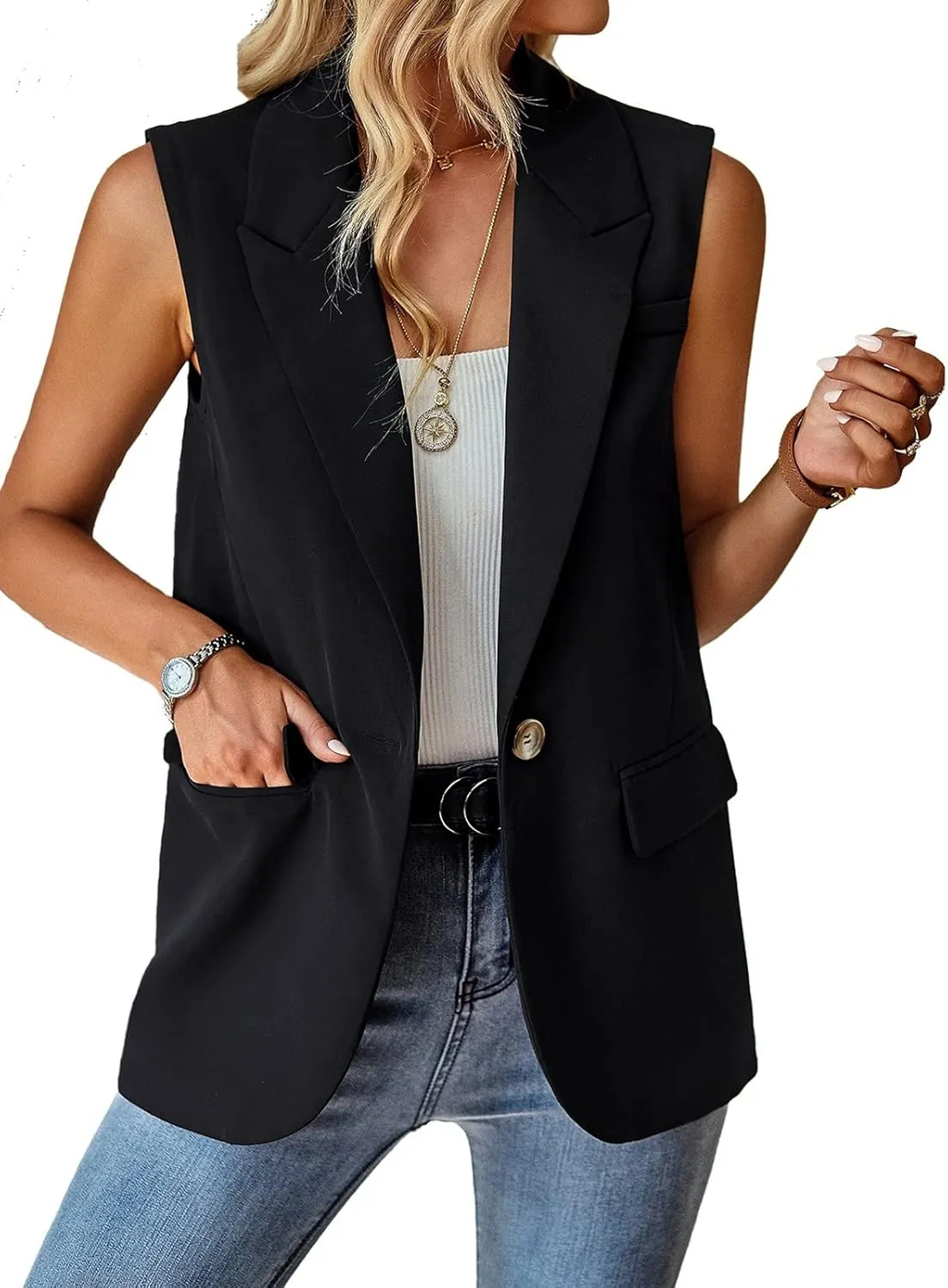 ALSOGO Women Sleeveless Blazer Vest Casual Open Front V Neck Fully-Lined Work Office Summer Jacket with Pockets Fashion 2025