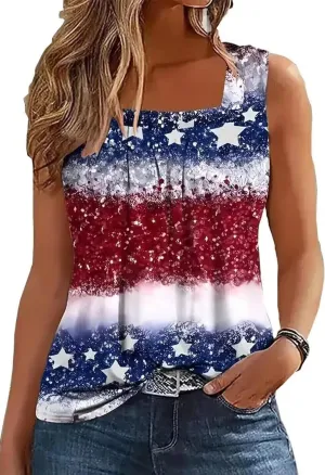 American Flag Ruffled Square Collar Tank Tops Women Boho Floral Tops Summer Casual Loose Fit Sleeveless Blouse