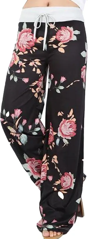 AMiERY Women's Comfy Casual Pajama Pants Floral Print Drawstring Palazzo Lounge Pants Wide Leg