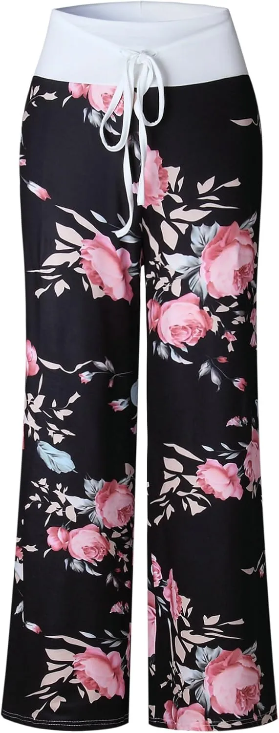 AMiERY Women's Comfy Casual Pajama Pants Floral Print Drawstring Palazzo Lounge Pants Wide Leg