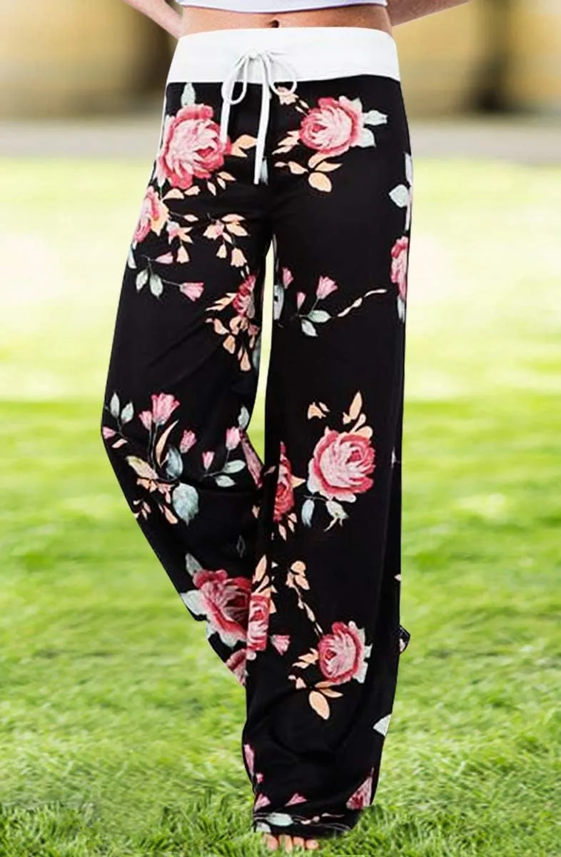 AMiERY Women's Comfy Casual Pajama Pants Floral Print Drawstring Palazzo Lounge Pants Wide Leg