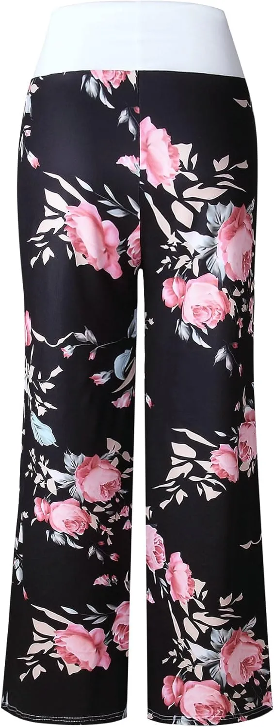 AMiERY Women's Comfy Casual Pajama Pants Floral Print Drawstring Palazzo Lounge Pants Wide Leg