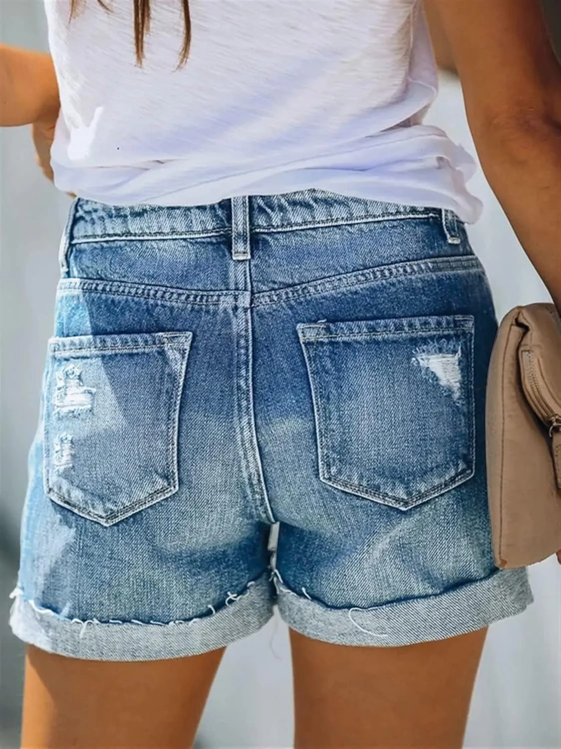 Angerella Denim Shorts for Women Mid Rise Ripped Jean Shorts Stretchy Folded Hem Hot Short Jeans