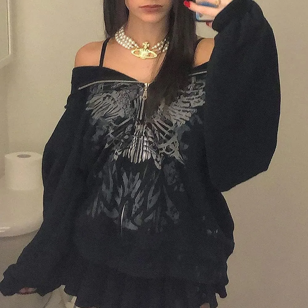 Aopwsrlyi Women's Zip Up Hoodie Y2k Vintage Graphic Oversized Hooded Sweatshirt Punk Jackets Goth Harajuku Streetwear