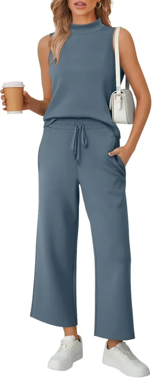 AUTOMET Womens 2 Piece Mock Neck Matching Summer Tracksuit Set Sleeveless Tank Top Wide Leg Crop Pant Sets