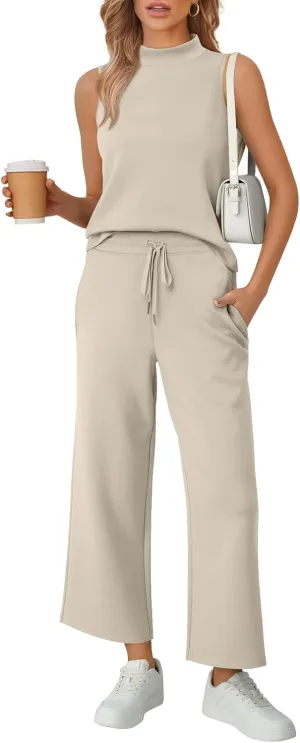 AUTOMET Womens 2 Piece Mock Neck Matching Summer Tracksuit Set Sleeveless Tank Top Wide Leg Crop Pant Sets