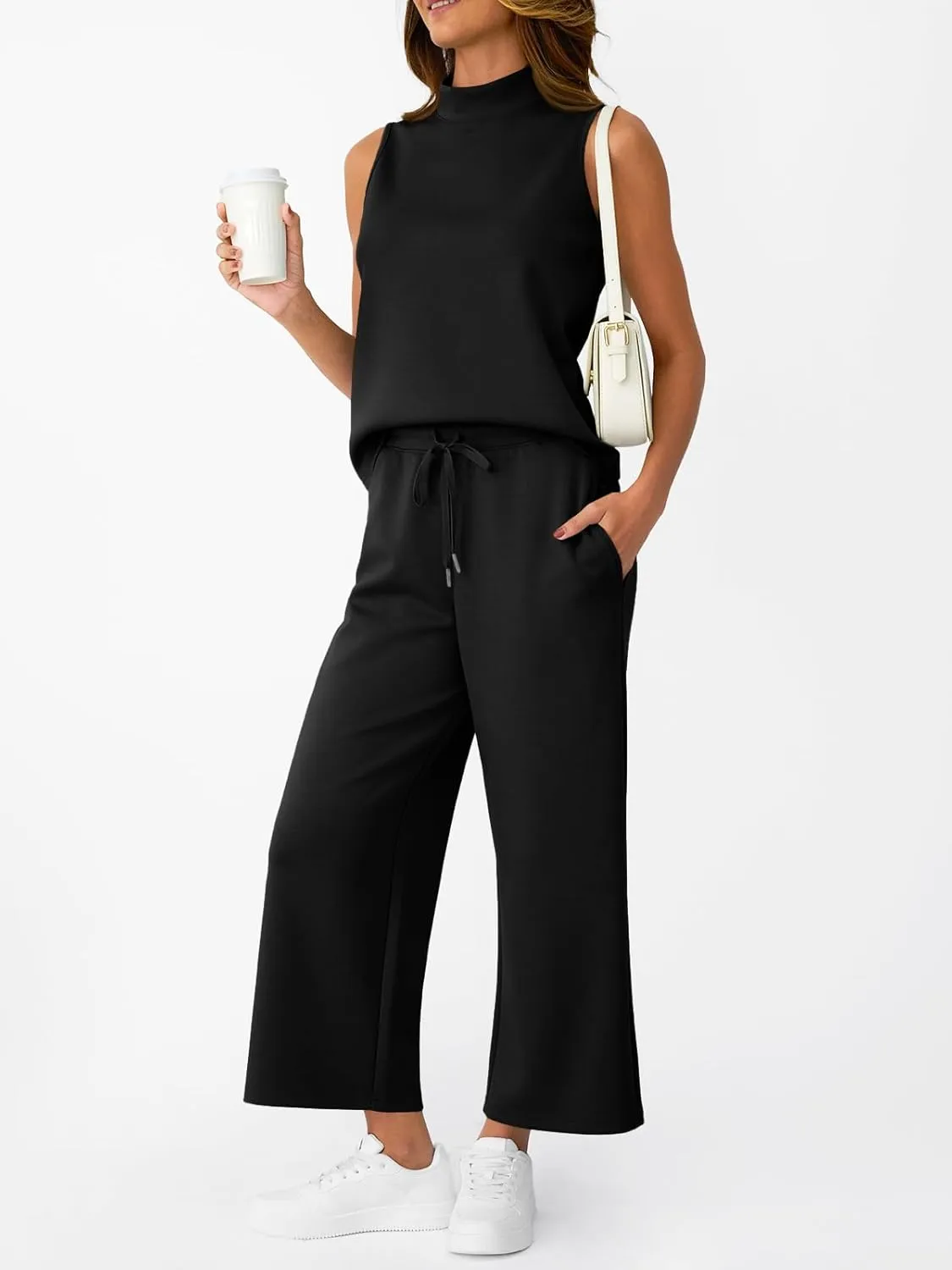 AUTOMET Womens 2 Piece Mock Neck Matching Summer Tracksuit Set Sleeveless Tank Top Wide Leg Crop Pant Sets